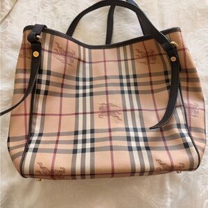 Burberry Beige Plaid Tote with Black Trim and Red Stripe - Vintage 2005